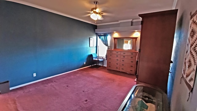 unfurnished bedroom with carpet, ceiling fan, and crown molding