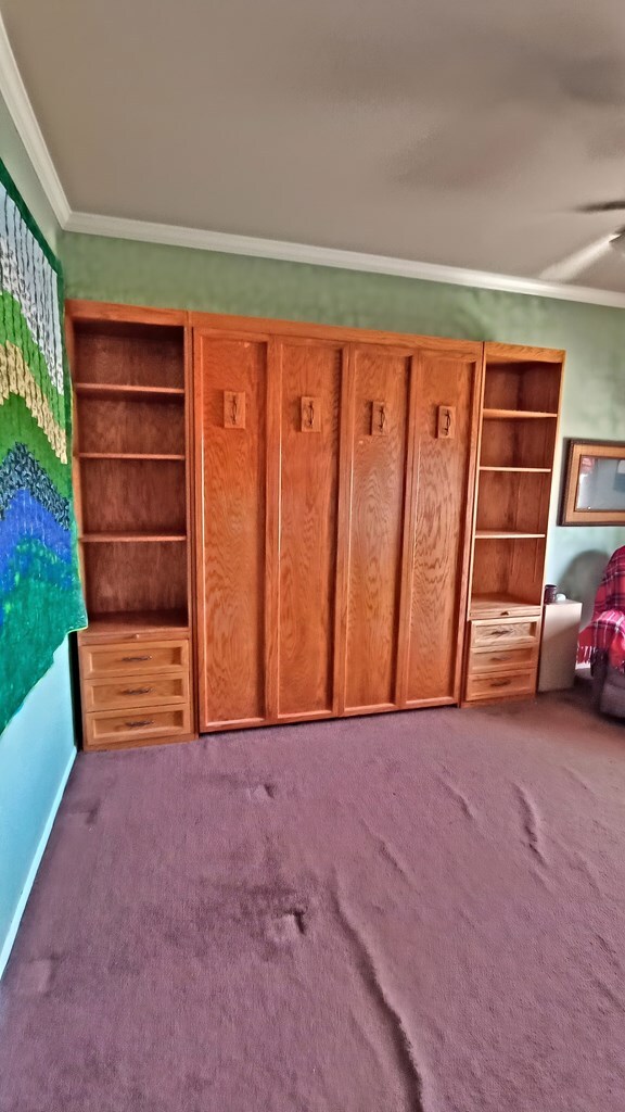 interior space featuring carpet flooring and crown molding