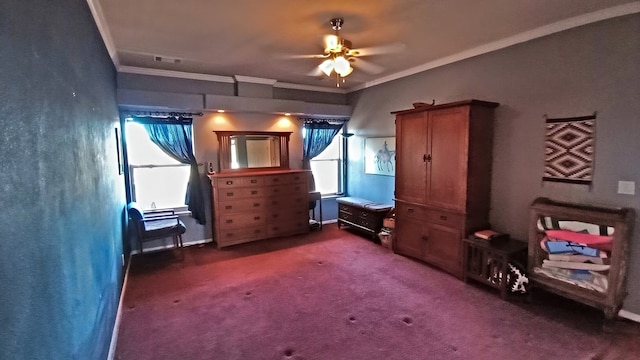 unfurnished bedroom with dark colored carpet and ornamental molding