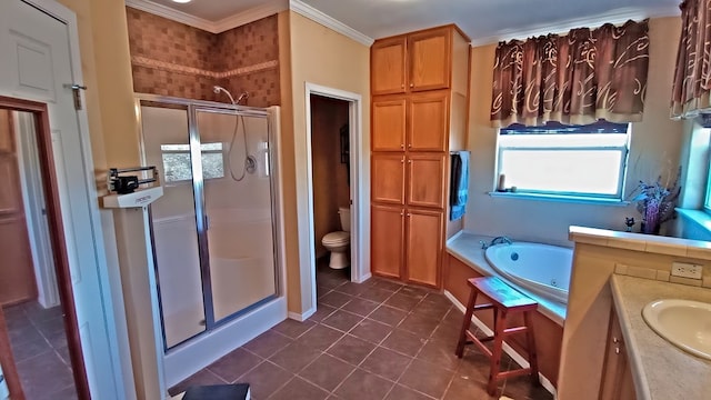 full bathroom with toilet, tile patterned flooring, ornamental molding, and shower with separate bathtub