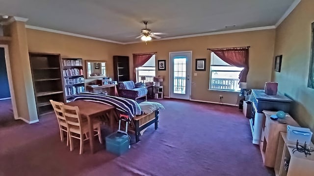 interior space with dark carpet, ceiling fan, and crown molding