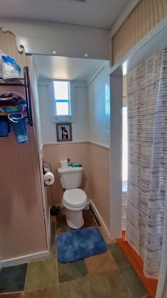 bathroom with toilet and ornamental molding