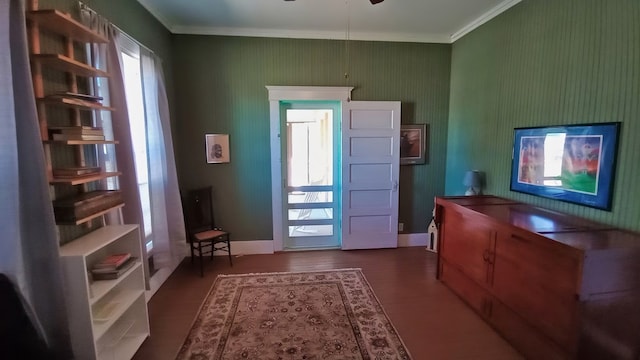 entryway featuring dark hardwood / wood-style floors, ceiling fan, and crown molding