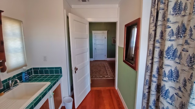 bathroom featuring decorative backsplash, vanity, and wood-type flooring