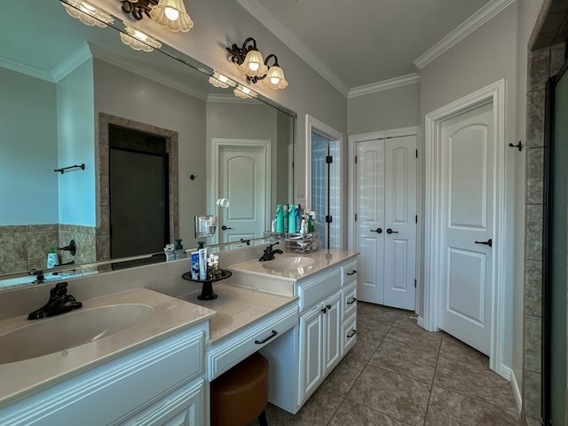 bathroom with tile patterned flooring, vanity, and crown molding