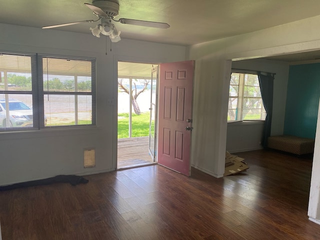 foyer entrance with ceiling fan and dark hardwood / wood-style flooring