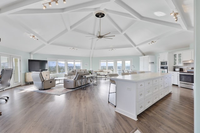 kitchen with dark wood finished floors, white cabinets, french doors, appliances with stainless steel finishes, and open floor plan