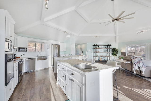 kitchen with open floor plan, stainless steel appliances, dark wood-style flooring, and a sink