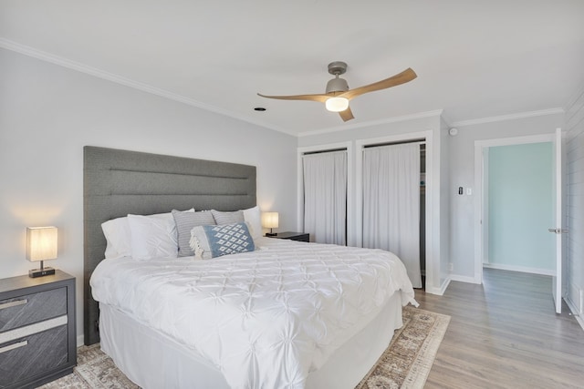 bedroom featuring ceiling fan, wood finished floors, baseboards, and ornamental molding