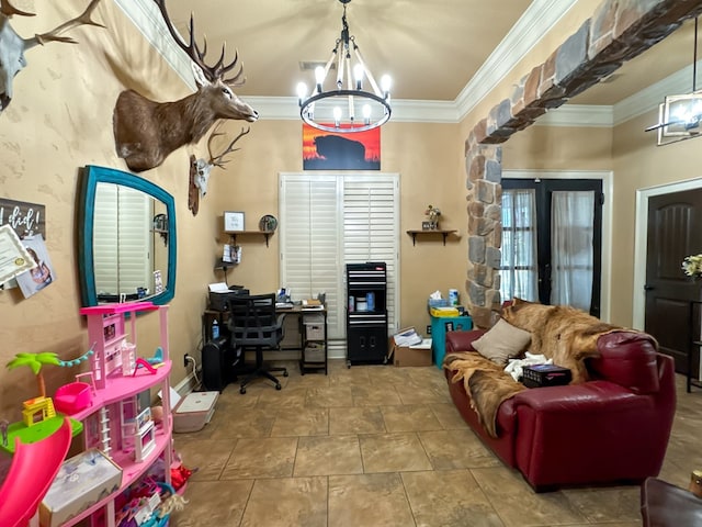 office featuring a notable chandelier, ornamental molding, and french doors