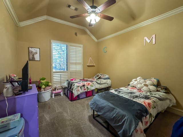 bedroom with ceiling fan, ornamental molding, lofted ceiling, and carpet floors