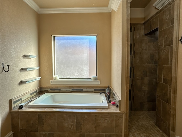 bathroom with ornamental molding and separate shower and tub