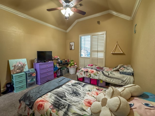 carpeted bedroom featuring vaulted ceiling, ceiling fan, and crown molding