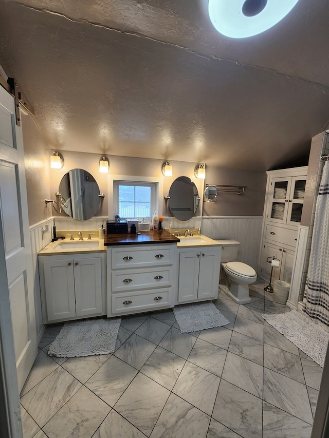 bathroom featuring vanity, a textured ceiling, and toilet