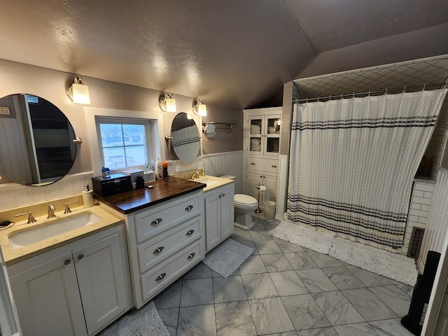 bathroom featuring a textured ceiling, vanity, vaulted ceiling, and toilet