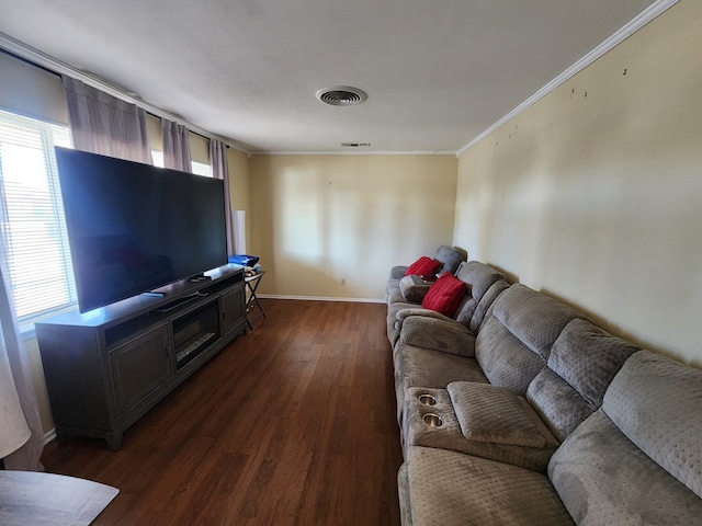 living room with dark wood-type flooring and ornamental molding