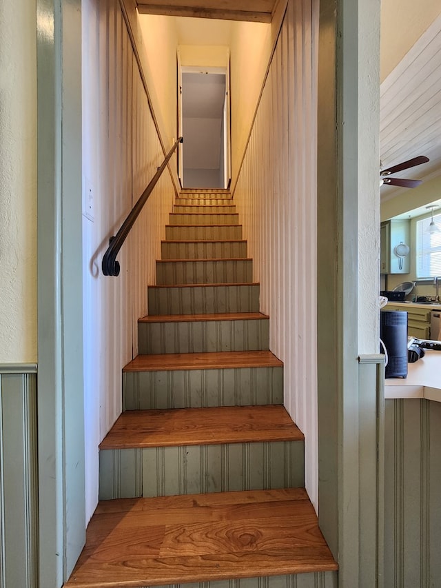 stairs featuring ceiling fan and sink