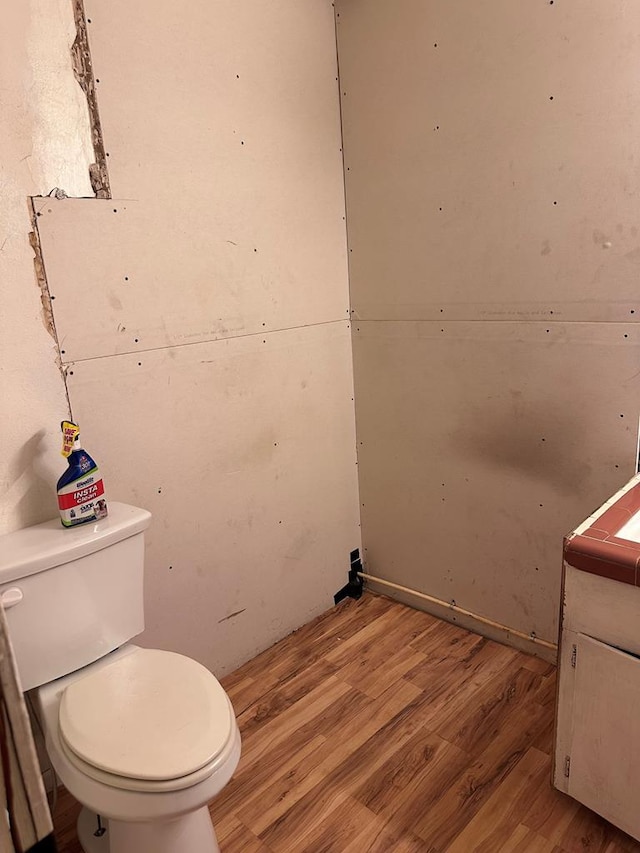 bathroom with vanity, toilet, and wood-type flooring