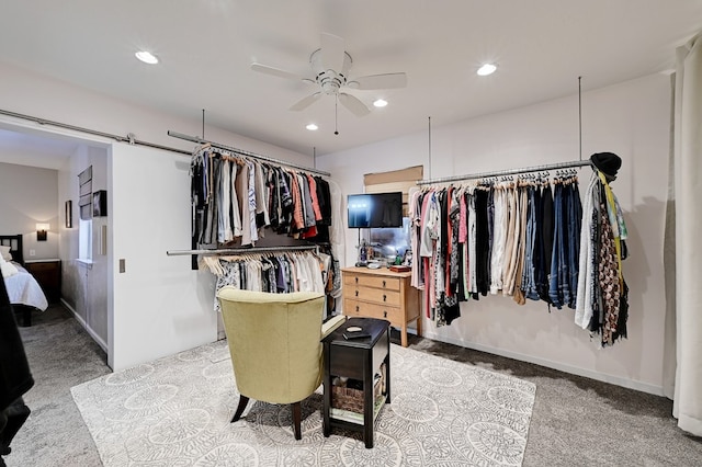 walk in closet featuring carpet and ceiling fan