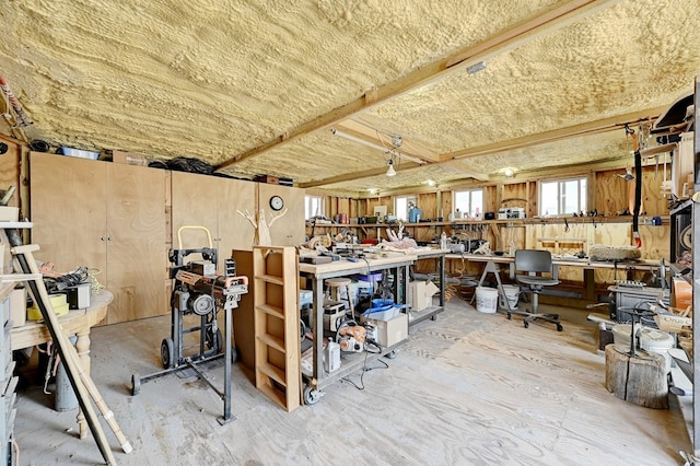 interior space featuring a workshop area and wooden walls