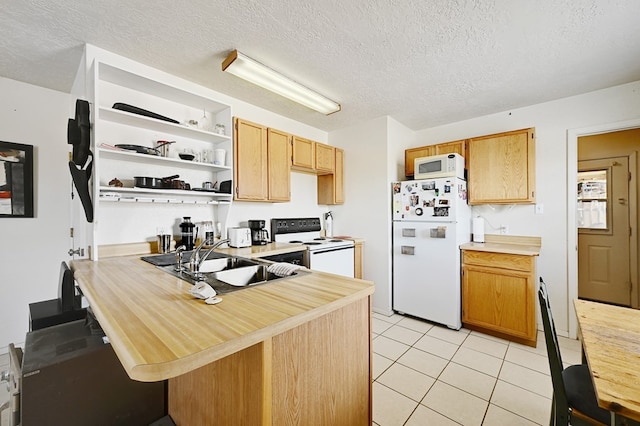 kitchen featuring a textured ceiling, kitchen peninsula, sink, and white appliances