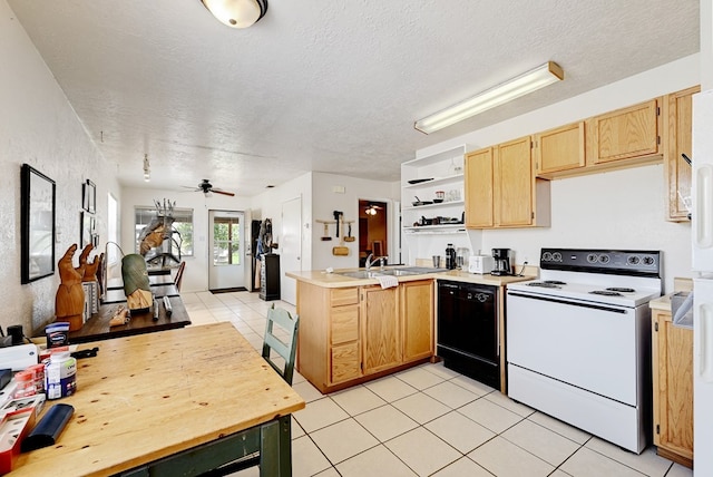 kitchen with dishwasher, a textured ceiling, white electric stove, and ceiling fan