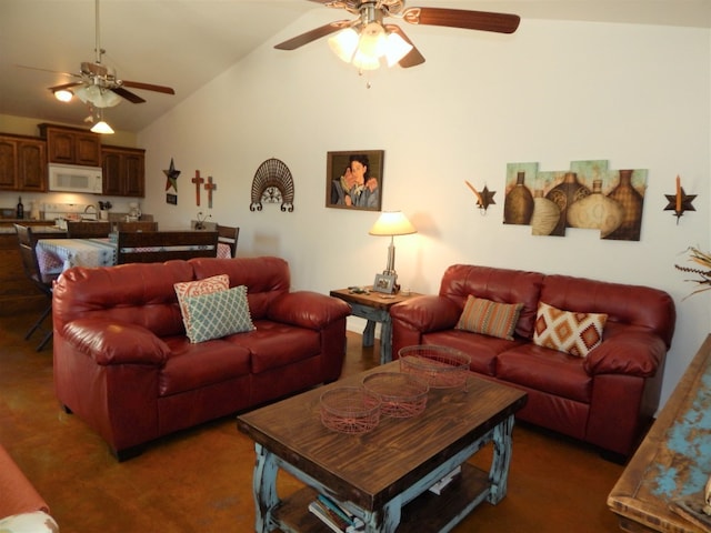 living room with ceiling fan and vaulted ceiling