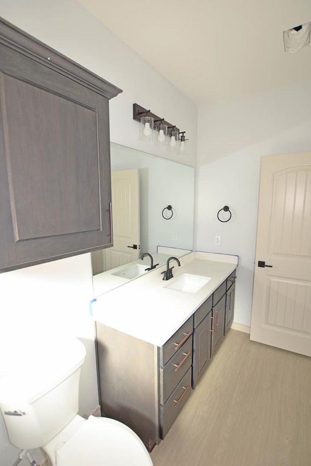 bathroom with hardwood / wood-style floors, vanity, and toilet