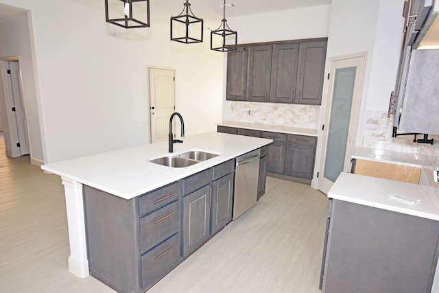 kitchen with sink, hanging light fixtures, stainless steel dishwasher, an island with sink, and decorative backsplash