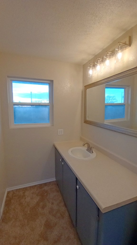 bathroom with vanity and a textured ceiling