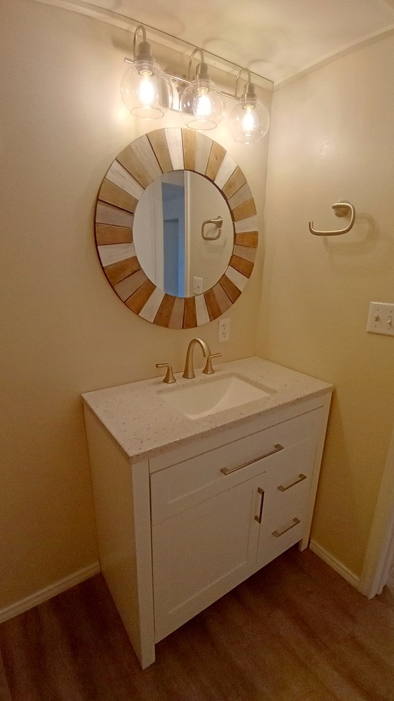 bathroom featuring vanity and hardwood / wood-style flooring