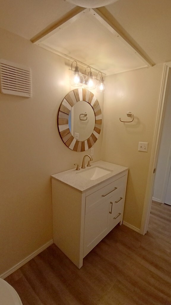 bathroom featuring vanity and hardwood / wood-style flooring