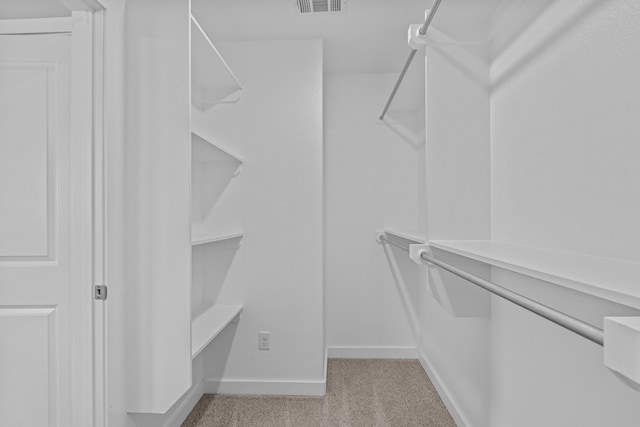 walk in closet with light carpet