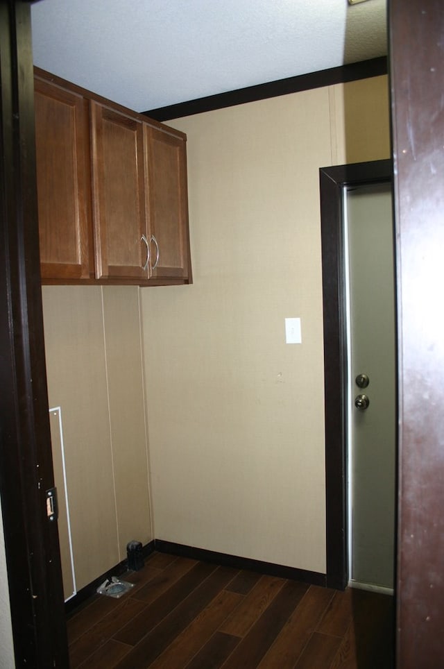 laundry area featuring dark hardwood / wood-style floors and ornamental molding