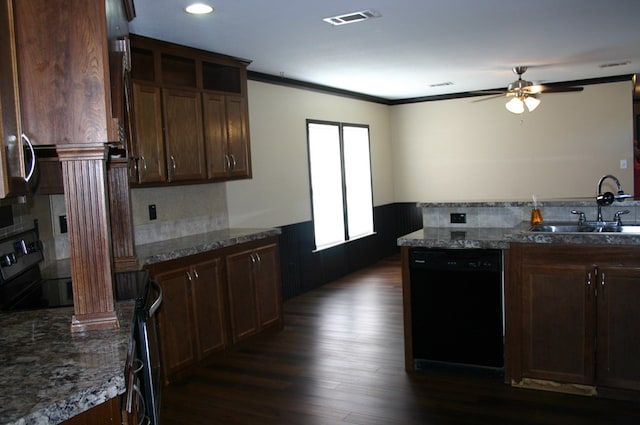 kitchen featuring black appliances, crown molding, sink, ceiling fan, and dark hardwood / wood-style flooring