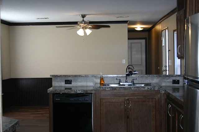 kitchen with ornamental molding, ceiling fan, sink, dishwasher, and dark hardwood / wood-style floors