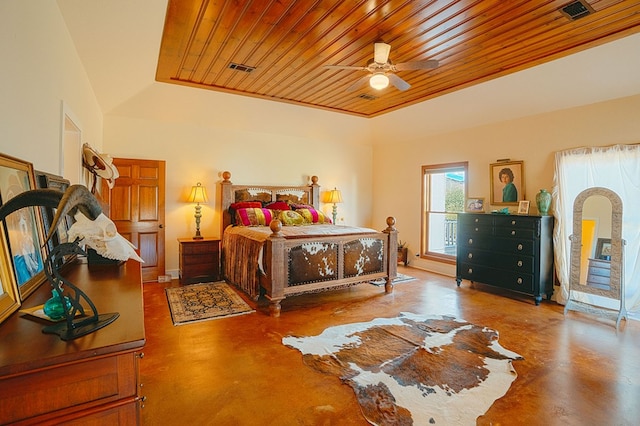 bedroom with ceiling fan, concrete floors, wooden ceiling, and lofted ceiling