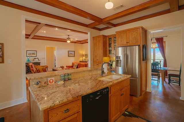 kitchen with beam ceiling, stainless steel fridge with ice dispenser, dishwasher, and sink