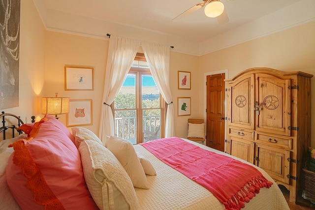 bedroom featuring access to exterior, ceiling fan, and ornamental molding