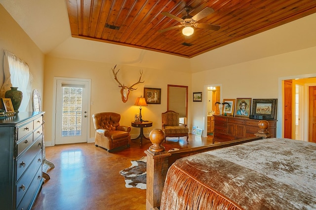 bedroom with ceiling fan, wooden ceiling, access to outside, and vaulted ceiling