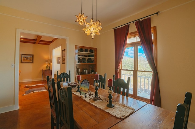 dining room featuring a notable chandelier, beam ceiling, wood-type flooring, and coffered ceiling