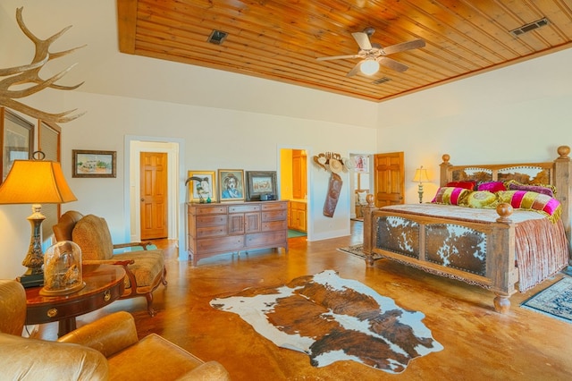 bedroom featuring ceiling fan and wood ceiling