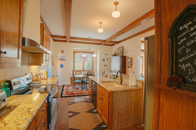 kitchen featuring stainless steel range with electric cooktop, wall chimney range hood, tasteful backsplash, beamed ceiling, and decorative light fixtures