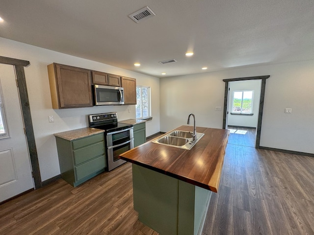 kitchen featuring a kitchen island with sink, sink, plenty of natural light, and appliances with stainless steel finishes