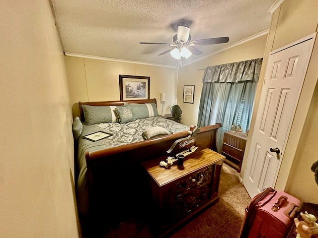 carpeted bedroom featuring a textured ceiling, ceiling fan, vaulted ceiling, and ornamental molding