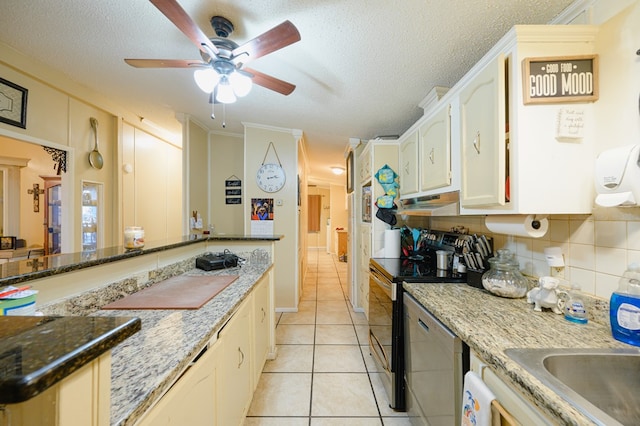 kitchen featuring backsplash, stainless steel range with electric cooktop, ornamental molding, light tile patterned floors, and a textured ceiling