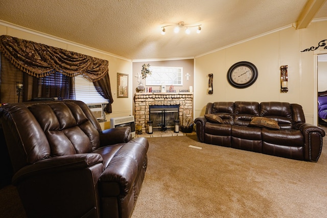 carpeted living room with cooling unit, crown molding, vaulted ceiling with beams, a textured ceiling, and plenty of natural light