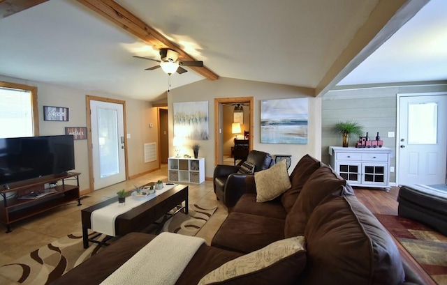 tiled living room with vaulted ceiling with beams and ceiling fan