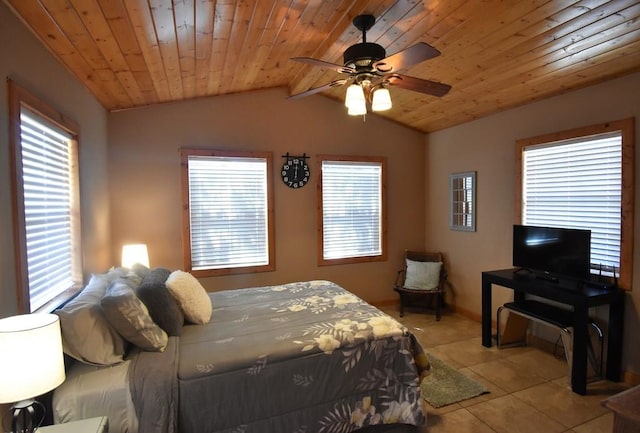 bedroom with ceiling fan, light tile patterned flooring, wood ceiling, and lofted ceiling