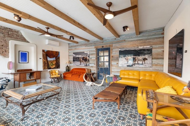 carpeted living room featuring a wall mounted air conditioner, ceiling fan, and beamed ceiling